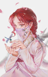 Rule 34 | 1girl, brown eyes, bug, commentary, covered mouth, dragonfly, earrings, falling petals, fingernails, grey ribbon, hair ribbon, hanbok, hands up, highres, insect, jewelry, juanone88, korean clothes, long sleeves, looking at animal, looking down, medium hair, mole, mole under eye, nail polish, original, pearl earrings, petals, pink hanbok, pink nails, red hair, ribbon, solo, symbol-only commentary, upper body, white background