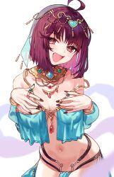 Rule 34 | 1girl, ahoge, arabian clothes, atelier (series), atelier sophie, black nails, breasts, fingernails, hands on own chest, highres, jewelry, looking at viewer, medium breasts, nail polish, navel, red eyes, red hair, ring, ryuuno6, short hair, simple background, solo, sophie neuenmuller, veil, white background