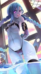 Rule 34 | arms behind back, belt bra, bikini, bikini bottom only, blue hair, braid, breasts, hm (hmongt), jinx (league of legends), league of legends, looking at viewer, navel, single thighhigh, small breasts, stomach, swimsuit, thighhighs, tongue, tongue out, twin braids, water