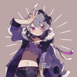 Rule 34 | 1girl, ahoge, androgynous, bandaged arm, bandages, belt, belt buckle, black hair, buckle, choker, collarbone, crop top, flat chest, flower (gynoid talk), flower (vocaloid), frilled shirt, frills, fukomo 3, fur-trimmed jacket, fur trim, grin, highres, jacket, midriff, multicolored hair, nail polish, navel, purple eyes, purple jacket, purple nails, shirt, shorts, smile, solo, tsurime, two-tone hair, vocaloid, w, white hair