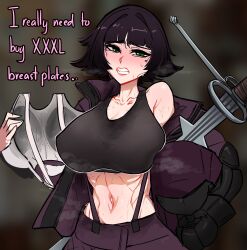 Rule 34 | 1girl, armor, bare shoulders, black hair, blurry, blurry background, breastplate, breasts, centurii-chan (artist), clenched teeth, collarbone, commentary, crop top, english commentary, english text, green eyes, helmet, highres, holding, holding helmet, holding sword, holding weapon, large breasts, looking at viewer, midriff, mole, mole under eye, navel, original, removing armor, short hair, sleeveless, solo, sword, teeth, toned, undressing, weapon