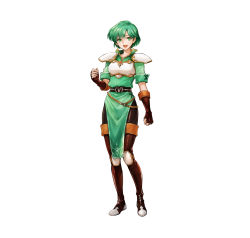 Rule 34 | 1girl, absurdres, armor, belt, boots, breastplate, clenched hand, commentary request, dress, elbow gloves, female focus, fingerless gloves, fire emblem, fire emblem: thracia 776, fire emblem heroes, full body, gloves, gold trim, green dress, green eyes, green hair, hand up, highres, karin (fire emblem), knee pads, looking at viewer, matching hair/eyes, nintendo, official art, open mouth, pantyhose, shiny clothes, short dress, short hair, short sleeves, shoulder armor, simple background, smile, solo, thigh boots, thighhighs, uroko (mnr), white armor, white background