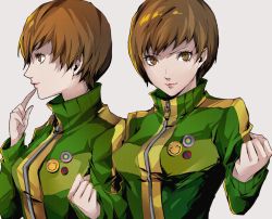 Rule 34 | 1girl, breasts, brown eyes, brown hair, clenched hands, closed mouth, finger to mouth, green jacket, grey background, hands up, high collar, highres, jacket, lips, looking at viewer, looking to the side, medium breasts, multiple views, persona, persona 4, pertex 777, satonaka chie, shadow, short hair, simple background, smile, swept bangs, track jacket, zipper