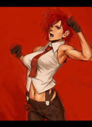 Rule 34 | 1girl, armpits, bare shoulders, clenched hands, gloves, letterboxed, midriff, mature female, navel, necktie, ogami, open mouth, pants, red background, red eyes, red hair, shirt, short hair, snk, solo, the king of fighters, vanessa (kof)