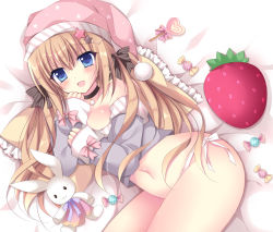 Rule 34 | 1girl, :d, ass, bare shoulders, bed sheet, black bow, black choker, blue eyes, blush, bow, bow panties, candy, candy wrapper, choker, commentary request, food, frilled pillow, frills, grey shirt, hair between eyes, hat, heart, kirishima riona, light brown hair, lollipop, long hair, long sleeves, lying, navel, nightcap, off shoulder, on side, open mouth, original, panties, pillow, pink bow, pink hat, shirt, side-tie panties, sleeves past wrists, smile, solo, striped, striped bow, stuffed animal, stuffed rabbit, stuffed toy, swirl lollipop, underwear, very long hair, white panties
