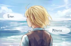 Rule 34 | 1boy, armin arlert, artist request, beach, blonde hair, cloud, day, english text, faux traditional media, male focus, ocean, out of frame, outdoors, shingeki no kyojin, sky, solo, upper body