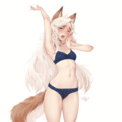 Rule 34 | 1girl, ahoge, animal ear fluff, animal ears, arm up, armpits, artist name, bare arms, bare legs, bare shoulders, blue bra, blue eyes, blue panties, bra, breasts, commentary, cowboy shot, english commentary, english text, fox ears, fox girl, fox tail, hand to own mouth, highres, long hair, looking at viewer, losse (personal ami), messy hair, navel, one eye closed, original, panties, personal ami, simple background, small breasts, solo, stomach, stretching, tail, textless version, thick eyebrows, underwear, underwear only, very long hair, white background, white hair, yawning