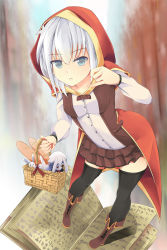Rule 34 | 1girl, :&lt;, arm up, baguette, black thighhighs, blue eyes, blush, book, boots, bread, breasts, brown footwear, brown skirt, buttons, cape, closed mouth, cross-laced footwear, food, full body, highres, holding, hood, hood up, knee boots, lace-up boots, layered skirt, long sleeves, looking at viewer, open book, original, rabbit, red cape, short hair, sidelocks, silver hair, skirt, small breasts, thighhighs, v-shaped eyebrows, voyager289, zettai ryouiki