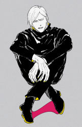 Rule 34 | 1boy, aged down, crossed legs, full body, grey background, jujutsu kaisen, long sleeves, looking at viewer, male focus, mineco000, nanami kento, parted lips, school uniform, shoes, short hair, sitting, solo