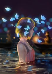 Rule 34 | 1girl, absurdres, ajisa, artist name, backlighting, bad id, bad pixiv id, blurry, blurry background, bokeh, bug, butterfly, caustics, commentary request, dated, depth of field, from side, highres, insect, looking at viewer, looking to the side, original, partially submerged, purple eyes, purple hair, short hair, signature, sketch, solo, water