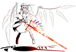 Rule 34 | 1girl, alternate breast size, breasts, female focus, flandre scarlet, glowing, glowing eyes, hat, laevatein, large breasts, partially colored, side ponytail, solo, sword, taiga isaka, touhou, weapon, wings