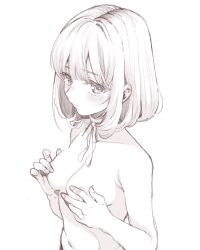 Rule 34 | 1girl, amezawa koma, blush, breasts, choker, covering privates, covering breasts, embarrassed, greyscale, highres, looking at viewer, medium breasts, monochrome, nude, original, ribbon choker, short hair, simple background, sketch, solo, upper body