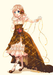 Rule 34 | 1girl, blonde hair, blue eyes, bow, braid, brown bow, brown dress, brown footwear, corset, crown braid, dress, food, food-themed clothes, food-themed hair ornament, food-themed ornament, fruit, full body, gloves, hair bow, hair ornament, leg ribbon, looking at viewer, mitsuko (id1766736), open mouth, original, outstretched arm, personification, pocketland, ribbon, shoes, short hair, smile, solo, standing, strawberry, waffle, white background, white gloves, white legwear