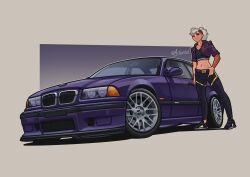 Rule 34 | 1girl, absurdres, arhentol, arm tattoo, belt, black footwear, black pantyhose, black shirt, black shorts, bmw, bmw 3 series, bmw e36, bmw m3, breasts, car, collarbone, commentary, commission, cropped shirt, english commentary, grey hair, hand on own hip, highres, medium breasts, midriff, motor vehicle, navel, original, pantyhose, ponytail, purple belt, shirt, shoes, shorts, smile, sneakers, solo, tattoo, tattoo sleeve, twitter username, undercut, vehicle focus