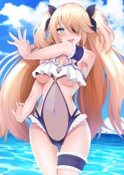 Rule 34 | 1girl, :d, adapted costume, arm garter, bare shoulders, blonde hair, blue sky, blush, breasts, bridal garter, cloud, cowboy shot, day, fischl (genshin impact), frills, genshin impact, green eyes, hair over one eye, highres, long hair, medium breasts, o-ring, o-ring swimsuit, one eye covered, open mouth, outdoors, see-through, see-through swimsuit, sidelocks, sky, smile, solo, standing, sukesan, swimsuit, thighs, two side up, underboob, very long hair