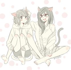 Rule 34 | 2girls, animal ears, asada nikki, bare shoulders, barefoot, blush, camisole, cardigan, cat ears, cat tail, closed mouth, crossed legs, glasses, hand in another&#039;s hair, hand up, hibike! euphonium, highres, hood, hoodie, long hair, long sleeves, looking at another, multiple girls, open mouth, oumae kumiko, red-framed eyewear, shorts, sitting, smile, tail, tanaka asuka