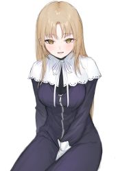 Rule 34 | 1girl, black dress, blush, brown eyes, capelet, dress, gloves, highres, light brown hair, looking at viewer, nao 0829 17, nijisanji, nun, parted bangs, ribbon, sister claire, sister claire (1st costume), sitting, solo, straight hair, traditional nun, virtual youtuber, white background, white capelet, white gloves, white ribbon, zipper pull tab