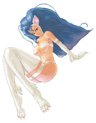 Rule 34 | 1girl, a ichiro, animal ears, animal hands, bare shoulders, big hair, blue eyes, blue hair, body fur, breasts, capcom, cat ears, cat girl, cat paws, claws, cleavage, felicia (vampire), full body, knees up, large breasts, looking at viewer, navel, revealing clothes, simple background, solo, thighhighs, vampire (game), white background