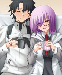 Rule 34 | 1boy, 1girl, absurdres, black dress, black hair, closed eyes, closed mouth, collared dress, command spell, commentary request, cup, dress, fate/grand order, fate (series), fujimaru ritsuka (male), fujimaru ritsuka (male) (decisive battle chaldea uniform), glasses, grey jacket, hair over one eye, highres, holding, holding cup, hood, hood down, jacket, long sleeves, looking at another, mash kyrielight, mug, multicolored clothes, multicolored jacket, necktie, one eye covered, open clothes, open jacket, pocket, purple eyes, purple hair, red necktie, sawatarou (roto), smile, two-tone jacket, white jacket
