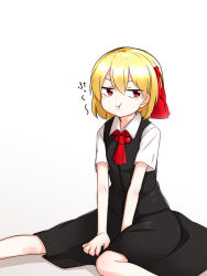 Rule 34 | 1girl, :t, ascot, between legs, blonde hair, hair ribbon, hand between legs, highres, kameyan, pout, red ascot, red eyes, ribbon, rumia, shirt, short hair, simple background, sitting, skirt, tears, touhou, vest, white background