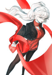 Rule 34 | 1girl, absurdres, alternate costume, alternate hairstyle, black jacket, black thighhighs, breasts, cleavage, cleavage cutout, clothing cutout, cropped jacket, goddess of victory: nikke, grey hair, highres, holding, holding clothes, holding scarf, jacket, large breasts, long hair, okazaki024, ponytail, red lips, red scarf, red sweater, scarf, simple background, solo, sweater, thighhighs, turtleneck, turtleneck sweater, white background, yellow eyes, yulha (nikke)