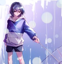 Rule 34 | 1girl, bang dream!, bang dream! it&#039;s mygo!!!!!, black shorts, blue hoodie, closed mouth, expressionless, feet out of frame, grey hair, hibioes, highres, holding, holding umbrella, hood, hoodie, long sleeves, looking at viewer, outdoors, rain, red eyes, short hair, shorts, solo, takamatsu tomori, transparent, transparent umbrella, two-tone hoodie, umbrella, white hoodie