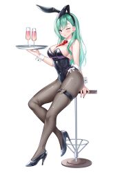 Rule 34 | 1girl, alternate costume, animal ear hairband, animal ears, armpit crease, bare arms, bare shoulders, between breasts, black footwear, black hairband, black leotard, black nails, breasts, brown pantyhose, champagne flute, cleavage, closed mouth, covered navel, cup, detached collar, drinking glass, earrings, fake animal ears, fake tail, fishnet pantyhose, fishnets, full body, green hair, hairband, high heels, highleg, highleg leotard, highres, hisame shiki, holding, holding tray, honeycomb (pattern), jewelry, large breasts, legs, leotard, long hair, long legs, looking at viewer, mole, mole on breast, mole on thigh, nail polish, necktie, necktie between breasts, one eye closed, pantyhose, playboy bunny, purple eyes, rabbit ear hairband, rabbit ears, rabbit tail, short necktie, side-tie leotard, simple background, sitting, skindentation, smile, solo, stool, strapless, strapless leotard, stud earrings, tail, thigh strap, thighs, tongue, tongue out, tray, virtual youtuber, vspo!, white background, wrist cuffs, yakumo beni