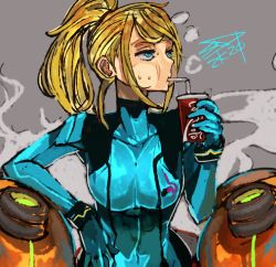 Rule 34 | 1girl, arm support, armor, blonde hair, blue bodysuit, blue eyes, blue gloves, bodysuit, breasts, cheek bulge, commentary, covered collarbone, covered navel, cup, dated, disposable cup, drinking, drinking straw, drinking straw in mouth, gloves, grey background, half-closed eyes, high ponytail, holding, large breasts, long hair, looking at viewer, looking away, messy hair, metroid, nintendo, ponytail, sam wells, samus aran, shoulder armor, sidelocks, signature, simple background, solo, standing, steam, sweat, swept bangs, zero suit