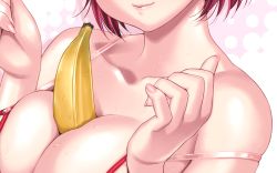 Rule 34 | 1girl, banana, bare shoulders, between breasts, bikini, breasts, breasts squeezed together, cleavage, close-up, collarbone, fingernails, food, fruit, highres, lips, red hair, short hair, simple background, smile, solo, sweat, swimsuit