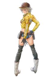 Rule 34 | 1girl, absurdres, ass, baseball cap, belt, blonde hair, boots, cidney aurum, cropped jacket, denim, denim shorts, final fantasy, final fantasy xv, from behind, gloves, goggles, goggles around neck, green eyes, hand on own hip, hat, highres, kishida mel, looking at viewer, looking back, mechanic, short shorts, shorts, simple background, solo, thighhighs, utility belt
