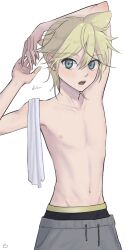 Rule 34 | 1boy, aqua eyes, bishounen, black male underwear, blonde hair, dekomori, highres, kagamine len, male focus, male underwear, navel, nipples, open mouth, short hair, solo, stomach, topless male, underwear, vocaloid