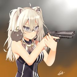 Rule 34 | 1girl, ahoge, aiming, animal ears, black nails, black shirt, breasts, cleavage, ear piercing, fingernails, gradient background, grey eyes, gun, h&amp;k hk45, hair between eyes, handgun, headset, holding, holding gun, holding weapon, hololive, impossible clothes, impossible shirt, jewelry, large breasts, lion ears, long hair, looking away, mocacoco339, nail polish, necklace, piercing, pistol, safety glasses, see-through, see-through cleavage, shirt, shishiro botan, shishiro botan (1st costume), silver hair, skin tight, sleeveless, sleeveless shirt, ssrb (shishiro botan), two side up, upper body, virtual youtuber, weapon