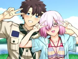 Rule 34 | 1boy, 1girl, bikini, black-framed eyewear, black hair, blue eyes, blue jacket, blue sky, blush, breasts, buttons, chaldea pathfinder, cleavage, closed eyes, cloud, collarbone, commentary request, day, double v, fate/grand order, fate (series), fingernails, fujimaru ritsuka (male), fujimaru ritsuka (male) (chaldea pathfinder), glasses, hair between eyes, hair over one eye, hood, hood down, hooded jacket, jacket, jacket over swimsuit, large breasts, looking at viewer, makka na kedamono, mash kyrielight, mash kyrielight (swimsuit of perpetual summer ver.02), official alternate costume, open clothes, open jacket, open mouth, outdoors, pink hair, pocket, scout uniform, see-through, short hair, short sleeves, sky, smile, swimsuit, teeth, v, water