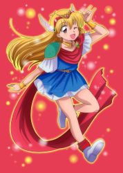 Rule 34 | 1990s (style), 1girl, \m/, akazukin chacha, blonde hair, blue dress, blush, bracelet, brooch, brown eyes, cape, dress, earrings, full body, happy, highres, jewelry, long hair, looking at viewer, magical princess, one eye closed, outline, red background, red cape, retro artstyle, short dress, short sleeves, simple background, smile, tagme, white footwear, winged hair ornament, wink