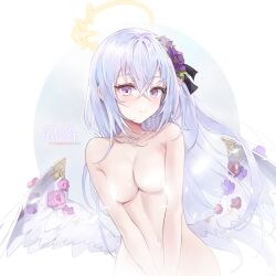 Rule 34 | 1girl, angel wings, azusa (blue archive), bad id, bad twitter id, black ribbon, blue archive, blush, breasts, character name, completely nude, crossed bangs, dano, feathered wings, flower, hair between eyes, hair flower, hair ornament, hair ribbon, halo, long hair, looking at viewer, medium breasts, no nipples, nude, pink eyes, pink flower, purple flower, red flower, ribbon, simple background, smile, solo, twitter username, upper body, white wings, wing ornament, wings