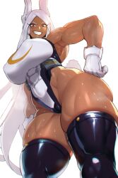 Rule 34 | 1girl, animal ears, armpits, bare hips, boku no hero academia, breasts, bulge, cameltoe, curvy, dark, dark skin, duplicate, gloves, grin, huge breasts, kisuu, large breasts, leotard, long hair, mirko, muscular, muscular female, nipples, non-web source, pixel-perfect duplicate, rabbit, rabbit ears, rabbit tail, red eyes, simple background, smile, solo, sweat, tail, thick thighs, thighhighs, thighs, usagiyama, very, very long hair, white background, white hair, wide hips