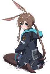 Rule 34 | 1girl, absurdres, amiya (arknights), animal ears, aqua eyes, aqua jacket, arknights, black jacket, blue skirt, blush, brown hair, brown pantyhose, buttons, cel shading, closed mouth, clothes writing, commentary request, full body, hair between eyes, highres, hood, hood down, hooded jacket, jacket, jie-se (kuai mian biao), long hair, long sleeves, looking at viewer, no shoes, nose blush, open clothes, open jacket, pantyhose, plaid, plaid skirt, ponytail, rabbit ears, rabbit girl, simple background, sitting, skirt, soles, solo, sweatdrop, thighlet, turning head, two-sided fabric, two-sided jacket, unbuttoned, white background