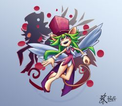 Rule 34 | 1girl, absurdres, alternate form, animal ears, blush stickers, breasts, crazy eyes, green hair, hat, highres, leotard, mad rat dead, mouse (animal), mouse ears, mouse girl, mouse tail, nippon ichi, rat god, red eyes, setoka7, tail, tie clip, top hat, wings, wrist cuffs