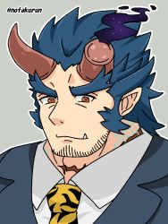 Rule 34 | 1boy, animal print, bara, broken horn, collared shirt, demon boy, demon horns, facial hair, fiery horns, formal, grey suit, highres, horns, long sideburns, looking at viewer, male focus, mature male, necktie, notakurun, official alternate costume, portrait, print necktie, scar, scar on neck, shirt, short hair, sideburns, smile, solo, stubble, suit, takemaru (housamo), thick eyebrows, tiger print, tokyo houkago summoners, undershirt, upper body