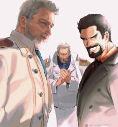 Rule 34 | 1boy, absurdres, aged down, beard, black hair, blue necktie, blue shirt, buttons, cape, closed mouth, collared shirt, dress shirt, dual persona, epaulettes, facial hair, full beard, grey hair, grin, hands up, highres, layered clothes, long sleeves, looking to the side, male focus, marine uniform (one piece), mature male, monkey d. garp, necktie, old, one piece, one piece (live action), orange shirt, own hands clasped, own hands together, scar, scar on face, shirt, sideways glance, simple background, smile, teeth, undershirt, upper body, vamos mk, white background, white cape, white hair, white shirt, wide sleeves, wing collar