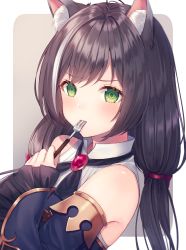 Rule 34 | 1girl, animal ear fluff, animal ears, bare shoulders, black hair, blush, border, bow, brooch, cat ears, cat girl, closed mouth, commentary request, detached sleeves, eating, fork, frilled sleeves, frills, gem, green eyes, grey background, hair bow, highres, holding, holding fork, jewelry, karyl (princess connect!), long hair, long sleeves, looking at viewer, low twintails, me meel, multicolored hair, outside border, princess connect!, purple bow, purple gemstone, simple background, solo, streaked hair, twintails, upper body, v-shaped eyebrows, white border, wide sleeves