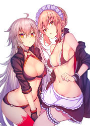 Rule 34 | 2girls, absurdres, ahoge, apron, artoria pendragon (alter swimsuit rider) (fate), artoria pendragon (alter swimsuit rider) (second ascension) (fate), artoria pendragon (fate), bikini, black bikini, black gloves, black jacket, blonde hair, blush, braid, breasts, bridal garter, choker, cleavage, commentary request, crown braid, fate/grand order, fate (series), frills, gloves, groin, hair between eyes, hair ribbon, halterneck, highres, jacket, jeanne d&#039;arc alter (swimsuit berserker) (fate), jeanne d&#039;arc (fate), jeanne d&#039;arc alter (fate), jeanne d&#039;arc alter (swimsuit berserker) (fate), large breasts, long hair, looking at viewer, maid, maid apron, maid bikini, maid headdress, medium breasts, multiple girls, navel, o-ring, o-ring bikini, off shoulder, red legwear, ribbon, shrug (clothing), silver hair, simple background, single thighhigh, stomach, suteba (grzjkbhgf), sweatdrop, swimsuit, thighhighs, unconventional maid, very long hair, white background, yellow eyes
