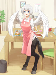 Rule 34 | 1girl, :d, apron, artist name, black-framed eyewear, blue eyes, blush, breasts, can, chair, collared shirt, commentary request, curtains, fang, feathered wings, food, full body, glasses, highres, holding, holding can, hooves, indoors, long sleeves, looking at viewer, meat, medium bangs, medium breasts, natsuya (kuttuki), open mouth, original, pink apron, plant, plate, potted plant, round eyewear, satyr, shirt, short hair, smile, solo, standing, table, trash can, watermark, web address, white hair, white shirt, white wings, wings, wooden chair, wooden table