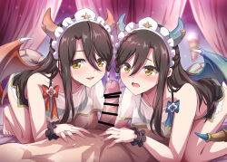 Rule 34 | 1boy, 2girls, bare shoulders, blush, breasts, brown hair, censored, collarbone, commentary request, dragon girl, dragon horns, dragon tail, dragon wings, erection, group sex, hetero, horns, lind (princess connect!), long hair, maid headdress, marugoshi (54burger), multiple girls, penis, princess connect!, small breasts, tail, wings, wurm (princess connect!)