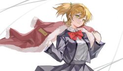 Rule 34 | 1girl, blonde hair, bow, bowtie, chinese commentary, closed mouth, clothes grab, collared shirt, commentary request, cowboy shot, daiba nana, fur-trimmed jacket, fur trim, gezi (gezi25889902), green eyes, green ribbon, grey jacket, grey skirt, hair between eyes, hair ribbon, hands up, head tilt, high-waist skirt, highres, jacket, jacket grab, jacket on shoulders, light smile, long sleeves, looking away, open clothes, open jacket, pleated skirt, red bow, red bowtie, red jacket, ribbon, school uniform, seishou music academy uniform, shirt, shirt tucked in, short hair, short twintails, shoujo kageki revue starlight, simple background, skirt, solo, standing, twintails, white background, white shirt