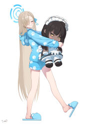 Rule 34 | 1girl, absurdres, artist name, asuna (blue archive), blue archive, blue footwear, blue halo, blue hoodie, blue ribbon, blush, character doll, closed eyes, grin, hair over one eye, hair ribbon, halo, highres, hood, hoodie, karin (blue archive), light brown hair, long hair, long sleeves, ribbon, signature, simple background, slippers, smile, solo, tomid, white background
