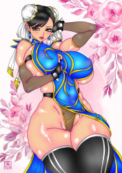 Rule 34 | 1girl, black hair, blush, bracelet, breasts, brown eyes, capcom, china dress, chinese clothes, chun-li, covered erect nipples, covered navel, detached sleeves, dress, earrings, fingerless gloves, floral background, gloves, hair bun, hair ornament, highres, huge breasts, jewelry, kyo, kyo (osaka), lips, looking at viewer, official alternate costume, panties, sideboob, single hair bun, skindentation, solo, spiked bracelet, spikes, street fighter, street fighter v, thick thighs, thighhighs, thighs, turtleneck, underwear, wide hips