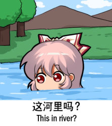 Rule 34 | 1girl, bilingual, bow, chinese text, day, english text, engrish text, fujiwara no mokou, hair between eyes, hair bow, jokanhiyou, long hair, lowres, mixed-language text, mountain, partially submerged, ranguage, red eyes, river, simplified chinese text, solo, touhou, tree, water, white bow, white hair