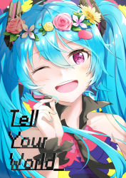 Rule 34 | 1girl, ;d, absurdres, black necktie, blue hair, collarbone, flower, hair between eyes, hair flower, hair ornament, hatsune miku, head wreath, highres, ichigo mayonnaise, long hair, looking at viewer, necktie, one eye closed, open mouth, pink eyes, pink flower, pink rose, rose, sleeveless, smile, solo, tell your world (vocaloid), twintails, upper body, vocaloid, yellow flower