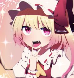 Rule 34 | 1girl, ascot, blonde hair, fangs, flandre scarlet, gradient background, hat, highres, mob cap, nail polish, one side up, open mouth, puffy short sleeves, puffy sleeves, red eyes, red nails, short hair, short sleeves, solo, star (symbol), tongue, tongue out, touhou, upper body, v, white hat, wrist cuffs, yellow ascot, you (noanoamoemoe)